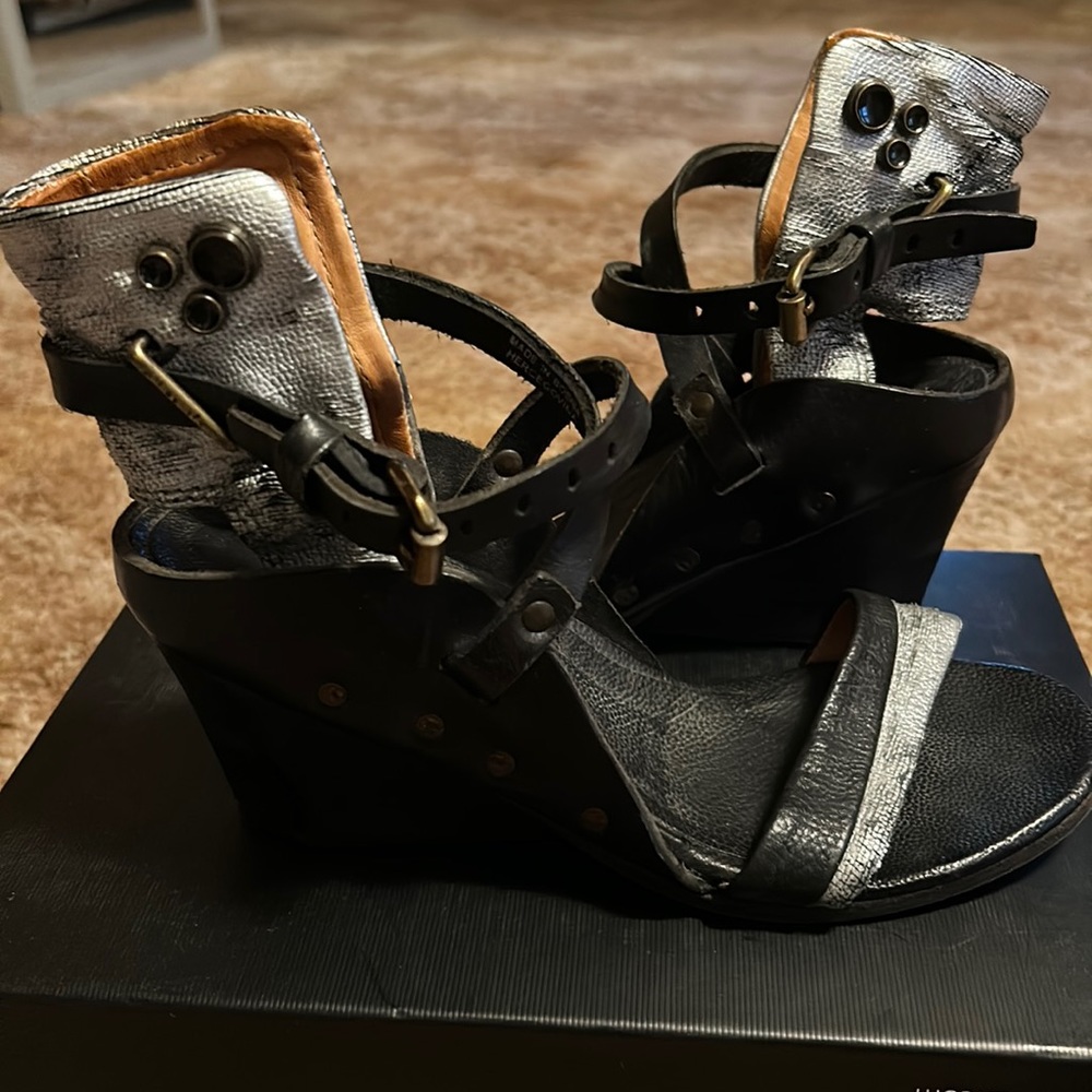A.S. 98 Black Leather Wedge Sandals size 38